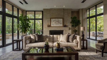 Interior of luxury living room with fireplace and sofa. Nobody inside