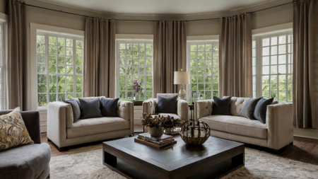 Living room with a large window and a sofa with pillows.