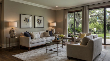 Luxury living room interior with sofa and coffee table. Nobody inside