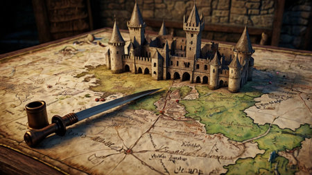 Medieval castle on the map. Fantasy world. Selective focus.の写真素材