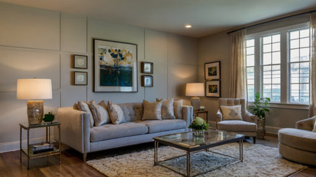 Living room with sofa and coffee table in luxury house. Northwest, USA