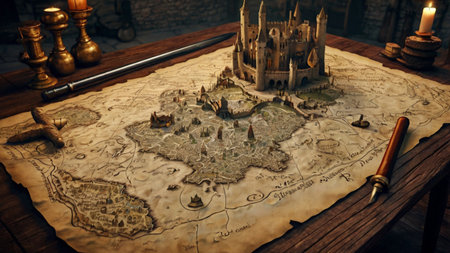 Medieval world map on the table. 3d render illustration.
