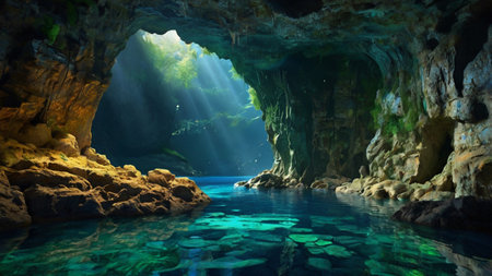 Underwater view of a cave with transparent water and sunlight. 3d rendering