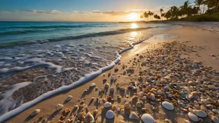 Beautiful sunset on the tropical beach. Seascape with sand and shells.の写真素材
