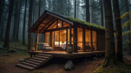 Wooden house in the forest. Wooden cottage in the woods.の写真素材