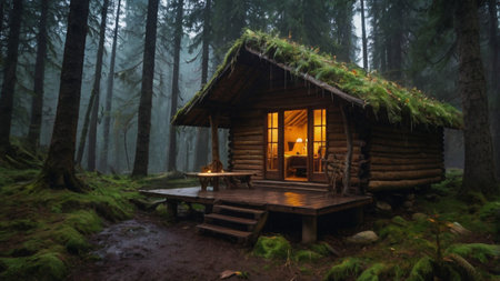 Beautiful wooden house in the forest in a foggy day.の写真素材