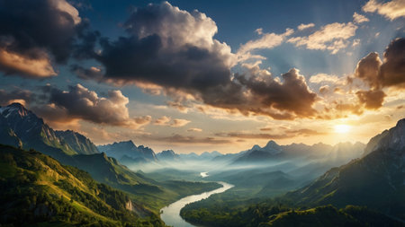 Sunset in the mountains. Panoramic view of the valley and the riverの写真素材