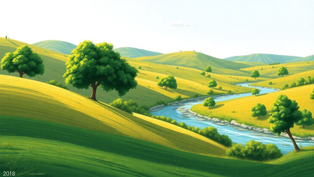 Tuscany landscape with river and trees in spring time, Italyの写真素材
