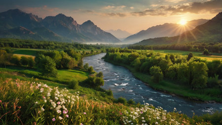 Beautiful summer landscape with river and mountains in the background at sunsetの写真素材