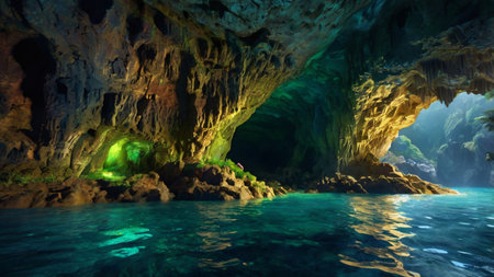 Underwater view of a beautiful cave in the sea. 3D renderingの写真素材