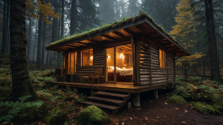 Wooden cottage in the forest at foggy day. 3d renderingの写真素材