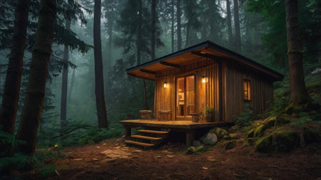 Wooden cottage in the forest at night with fog. 3d renderingの写真素材