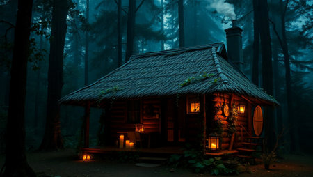 Wooden house in the forest at night with lights and fog.の写真素材