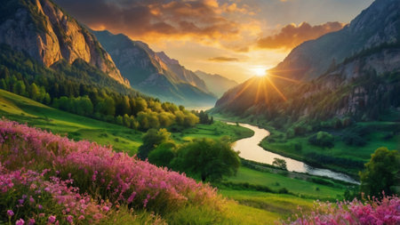Beautiful summer landscape with blooming meadow and mountains at sunset.