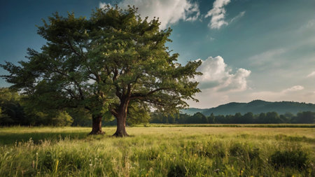 Beautiful summer landscape with big old oak tree in the meadowの写真素材