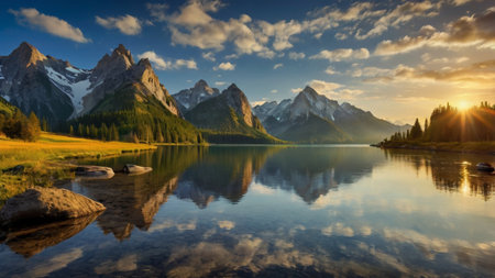 Mountains reflected in the water of the lake, Canadian Rockies, Alberta, Canada