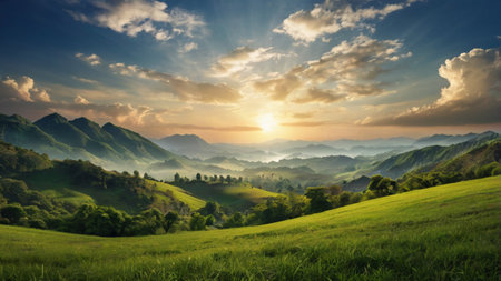 Sunset in the mountains and green meadow with sun rays.の写真素材