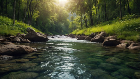 Beautiful landscape of a mountain river in the forest with clear water