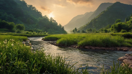 Landscape scenery view of river and mountain at sunset in Kanchanaburi, Thailandの写真素材