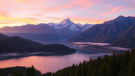 Beautiful alpine landscape with lake and mountains at sunset, Switzerlandの写真素材