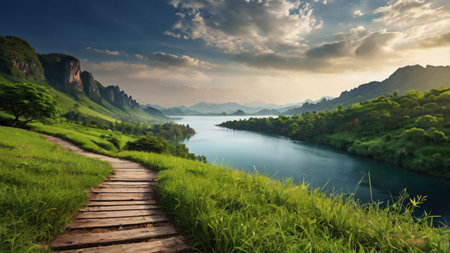 Beautiful landscape of karst mountains and lake in the morningの写真素材
