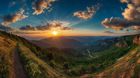 Beautiful landscape in the mountains. Green grass and flowers in the foreground.の写真素材