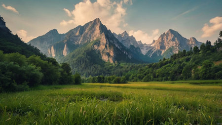 Mountain landscape. Green meadow and mountains in the background.の写真素材