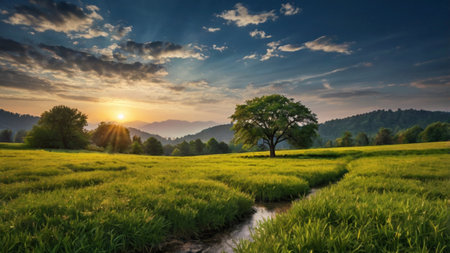 Sunset over a rice field in the countryside