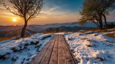 Wooden walkway in the mountains at sunset. Beautiful winter landscapeの写真素材