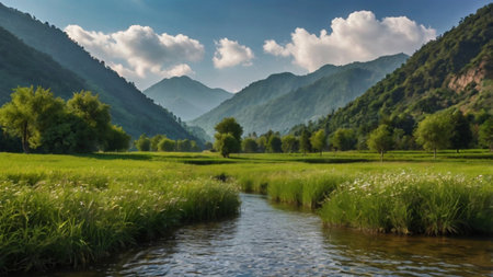 Beautiful landscape with a river and mountains in the background.の写真素材
