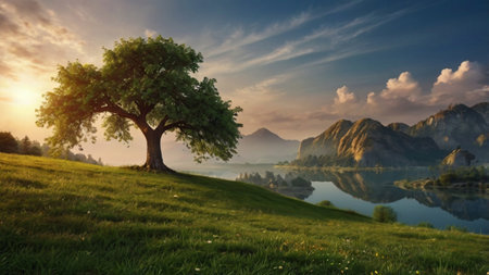 Beautiful summer landscape with a lonely tree on the lake shore.