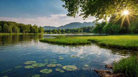 Landscape view of beautiful lake and forest at sunset time in summerの写真素材