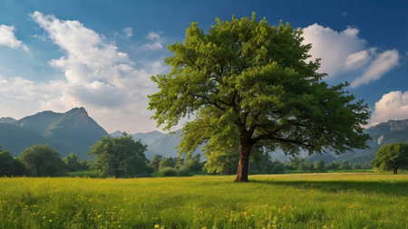 Tree in the meadow with green grass and mountains in the background