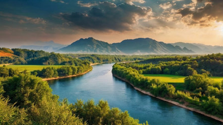 Panoramic view of the Rhine river in Germany at sunset