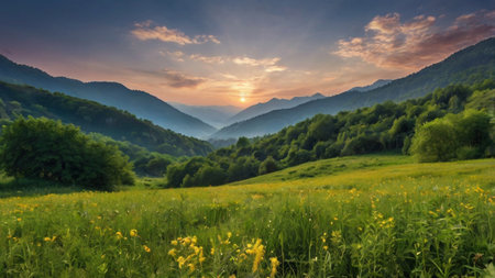 Meadow in the mountains at sunset. Beautiful summer landscape.