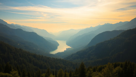 Sunset in the mountains with a view of the lake and the forest