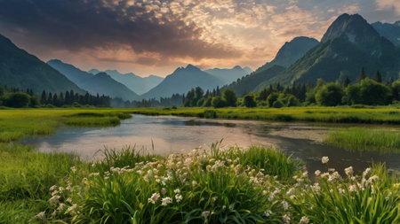 Panoramic view of alpine meadow and mountains at sunsetの写真素材