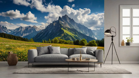 Comfortable sofa in modern interior with mountains view. 3D rendering