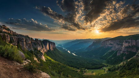 Panoramic view of the Meteora mountains at sunset, Greece