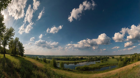 Panorama of the summer landscape with a river and clouds in the skyの写真素材