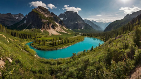 Panoramic view of turquoise lake in the mountains.の写真素材