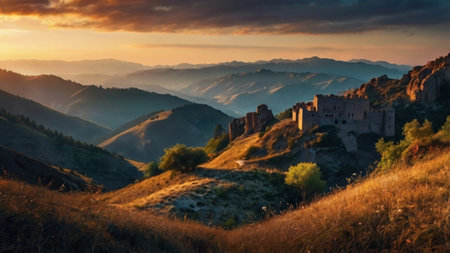 Panoramic view of the medieval castle in the mountains at sunset