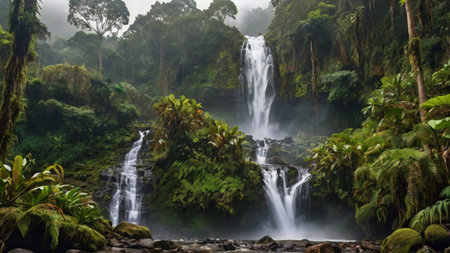 Tropical waterfall in the rainforest, Bali, Indonesiaの写真素材