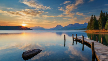 Sunset on the lake Hintersee, Bavaria, Germanyの写真素材