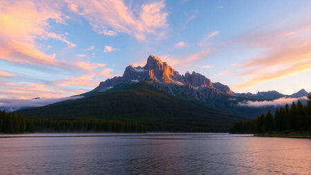 Mountain lake at sunrise, Banff National Park, Alberta, Canadaの写真素材