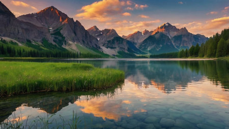 Panoramic view of the lake in the mountains at sunset.