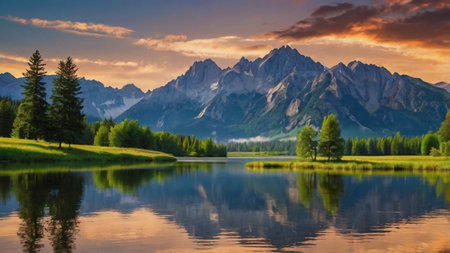 Panoramic view of alpine lake at sunset. Beauty world.