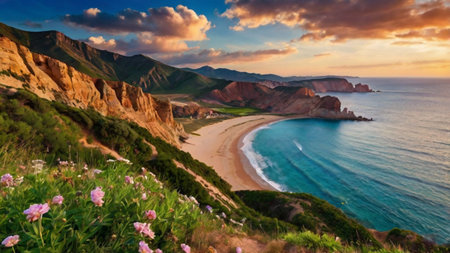 Fantastic view of the beach at sunset. Dramatic overcast sky. Beauty world.の写真素材