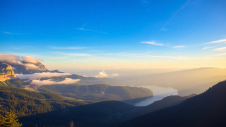 Mountain valley with fog at sunrise. Panoramic view of the valley.の写真素材