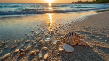 Seashells on the beach at sunset. Nature background.